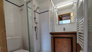 Une salle de bain avec une douche à parois de verre, des toilettes et un meuble-lavabo en bois avec un miroir.
