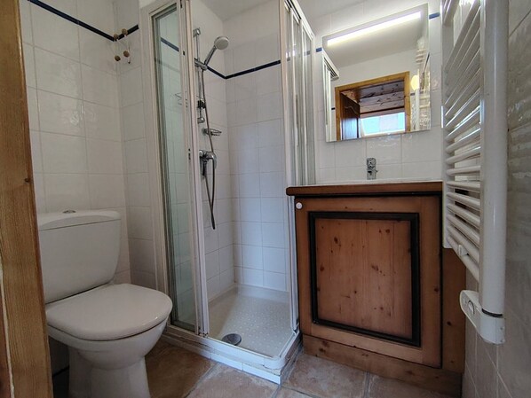 Et badeværelse med en brusekabine i glas, et toilet og en trævæg med et spejl.