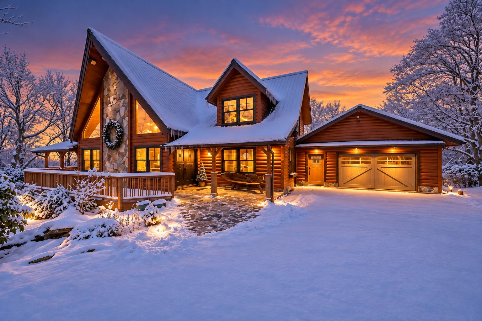 A log cabin with a stone facade, a wooden deck, and a garage.