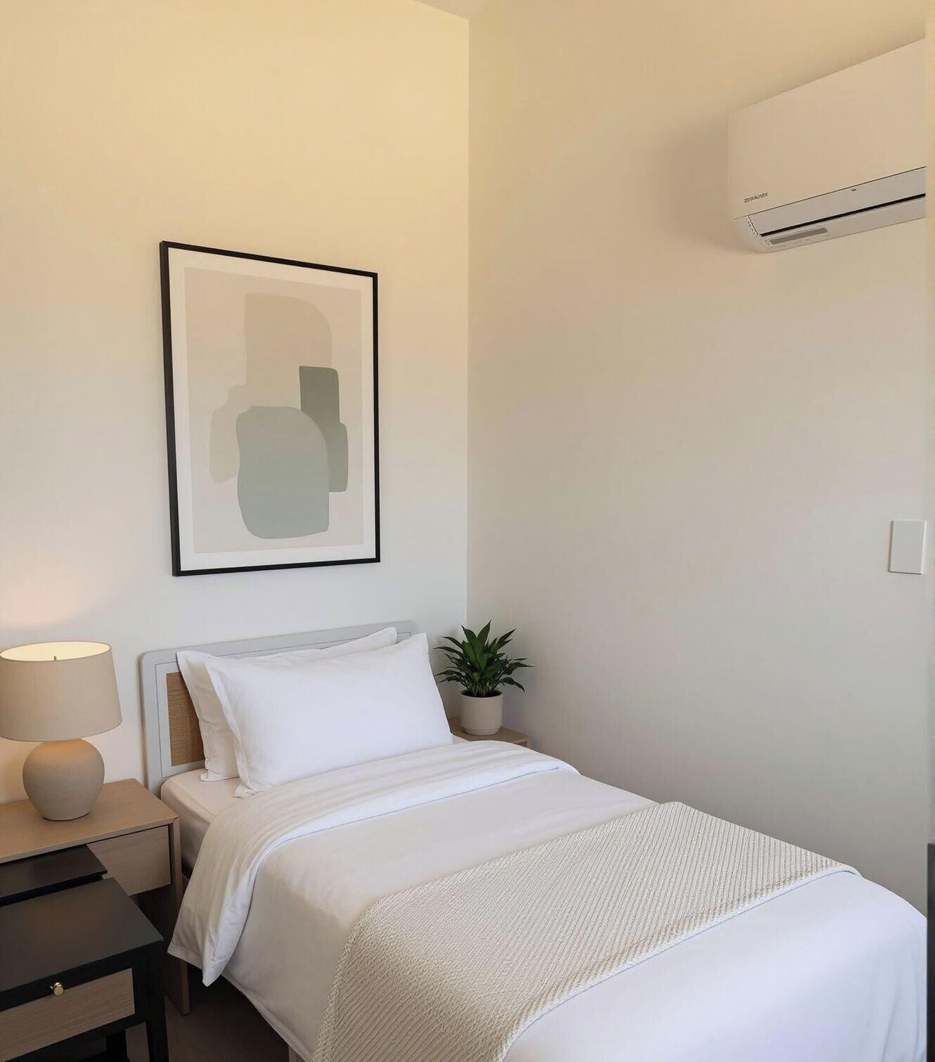 Una habitación de hotel con una cama, una mesita de noche con lámpara, una planta en maceta y un equipo de aire acondicionado.