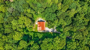 Vista aérea de um edifício rodeado por uma floresta densa e verde.