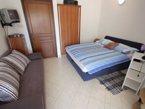 Un dormitorio con una cama, un sofá, un televisor y un armario.
