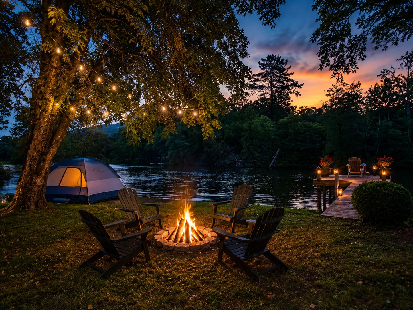 A campsite with a tent, a fire pit, and chairs by a lake at dusk.