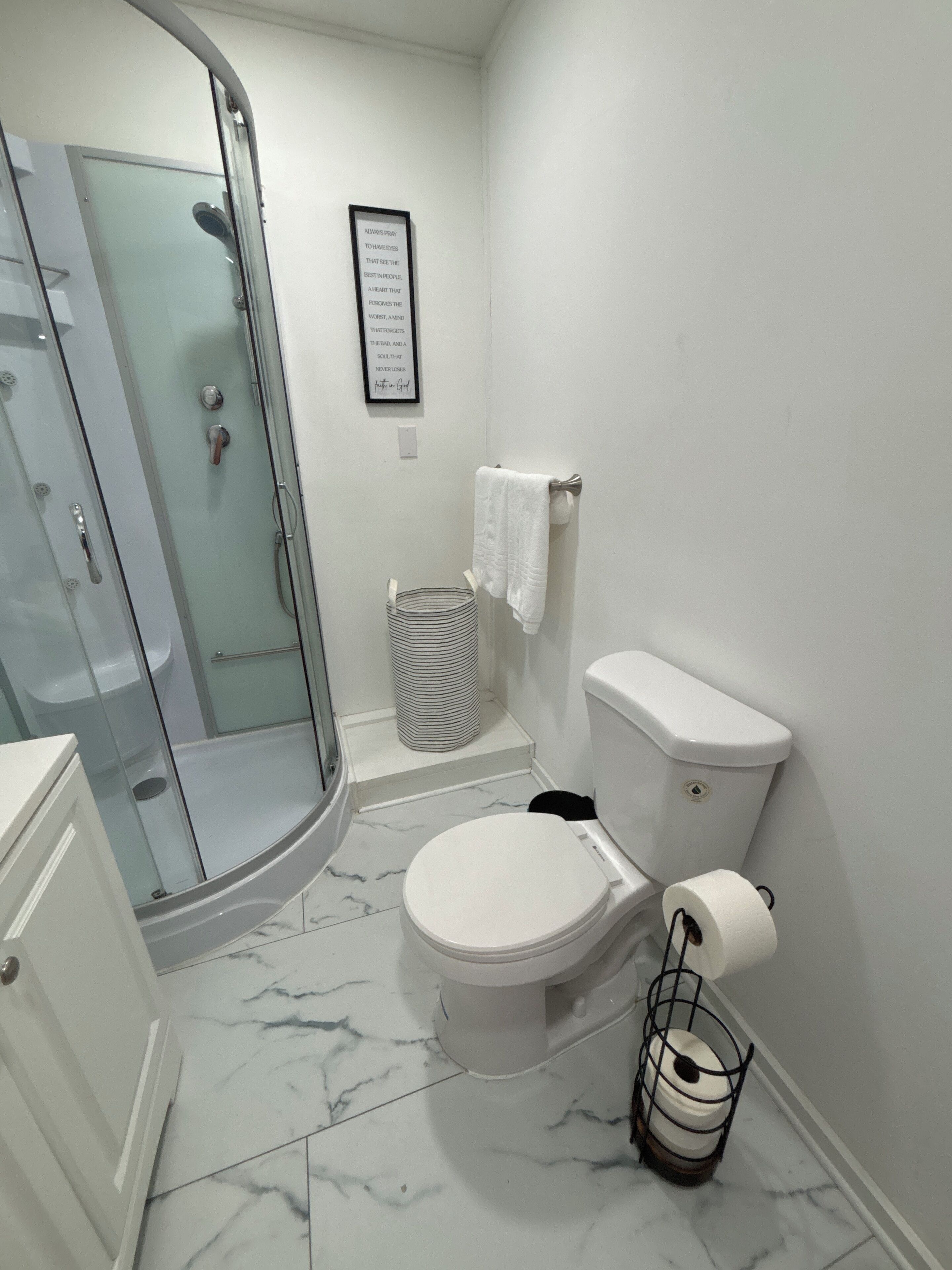 Shower, towels, soap, shampoo