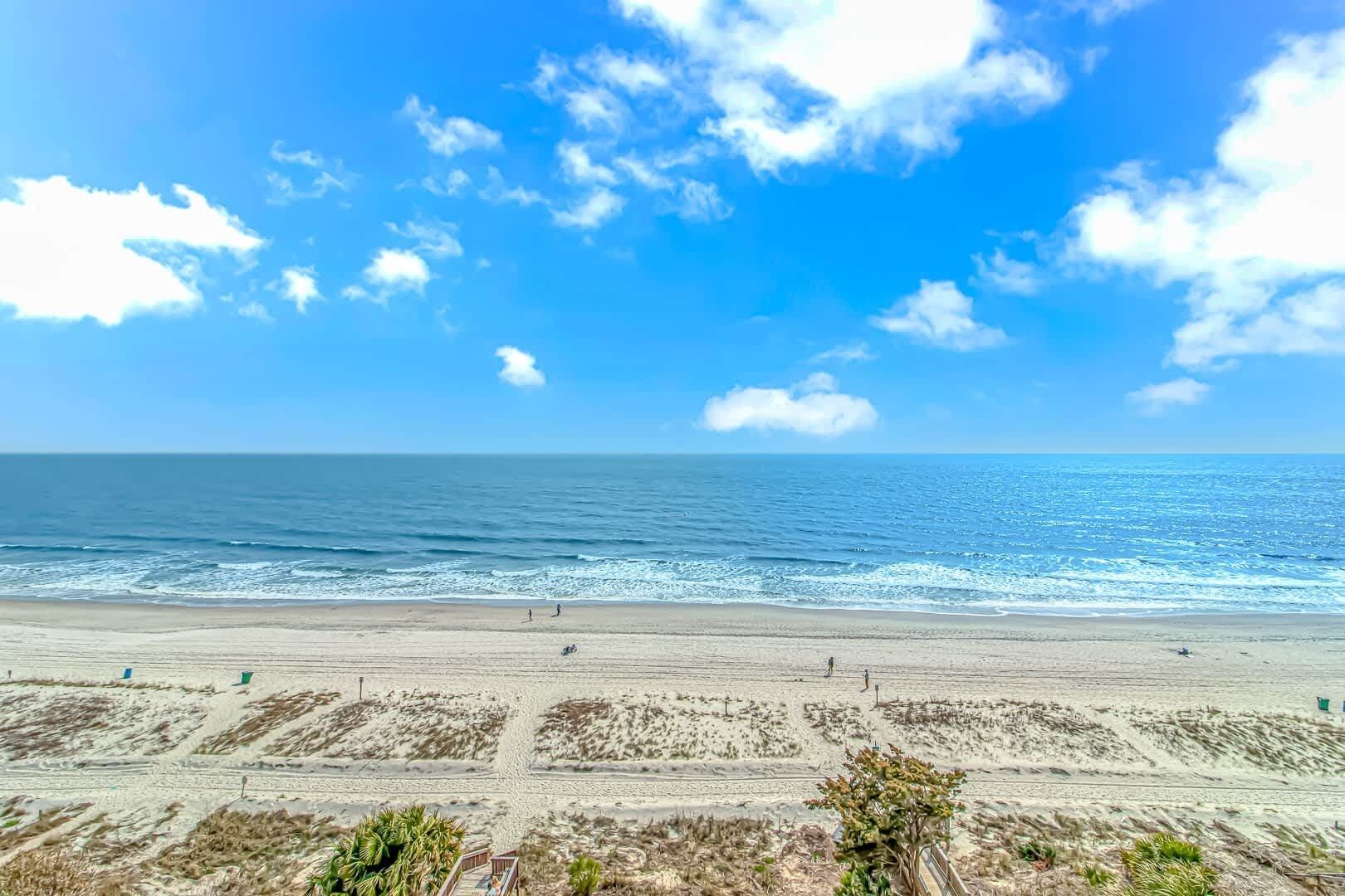 Uma praia com céu claro, ondas do oceano e uma área arenosa com vegetação.