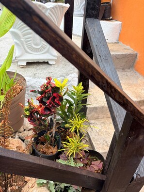 A wooden structure with potted plants, a white decorative object, and a stone step. - Modern 1BR Getaway near Beaches, Airport, and popular entertainment spots. (Montego Bay)