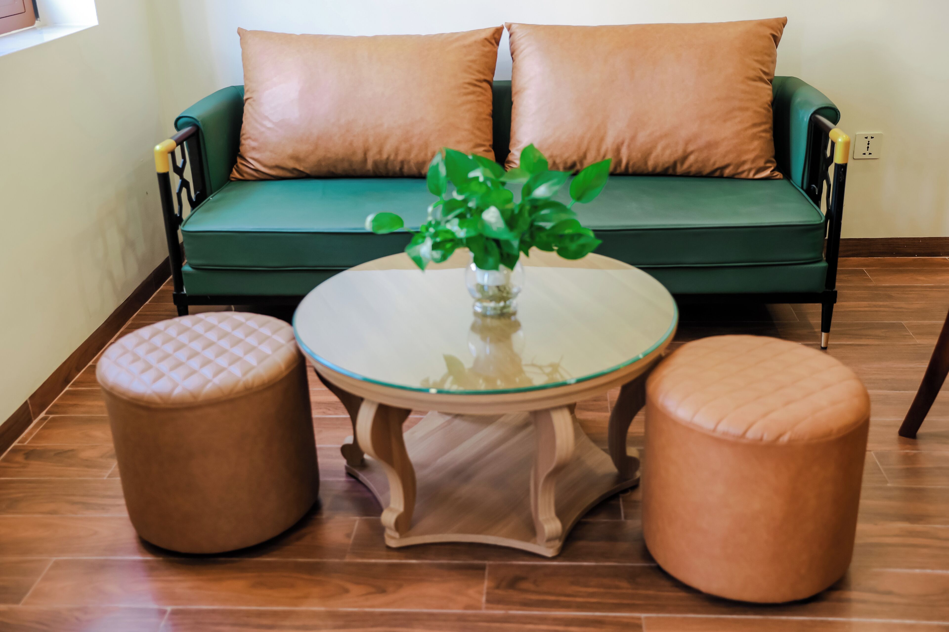 A green sofa with two brown cushions, a glass table with a plant, and two brown ottomans.