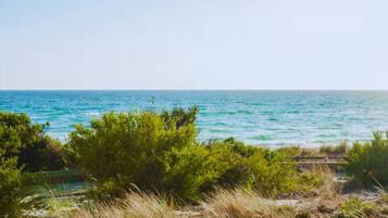A coastal landscape with a view of the sea, greenery, and a distant buoy.