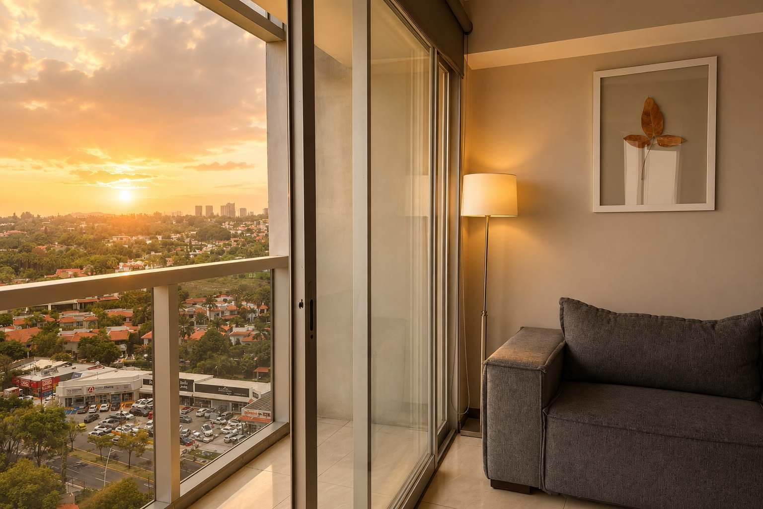 A balcony with a city view, a sofa, a floor lamp, and a framed artwork.