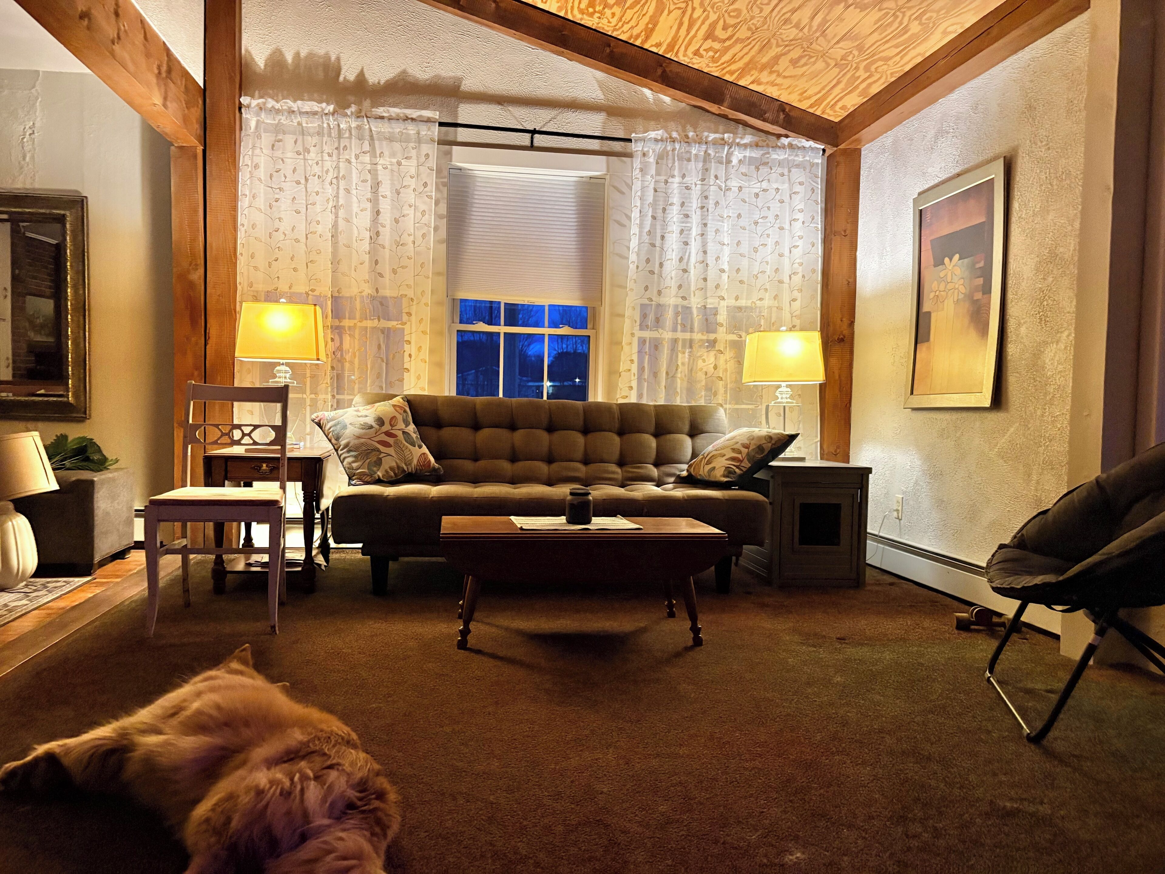 A cozy living room with a sofa, two lamps, a window with curtains, and a framed picture on the wall.