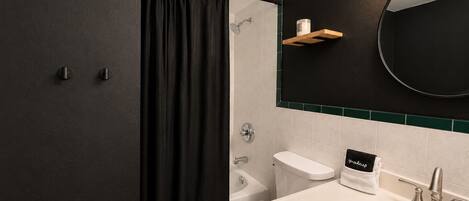 Et moderne badeværelse med bruser, toilet, vask og et spejl over vasken.