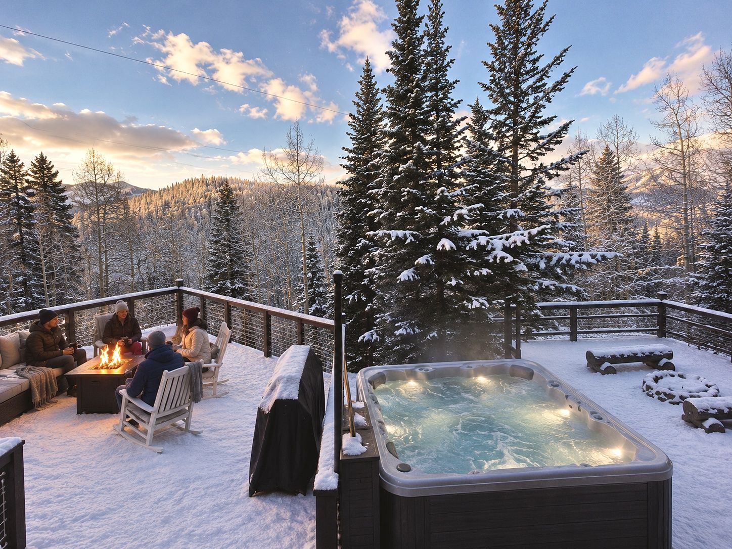 Snowy mountain deck with fire pit and private hot tub retreat