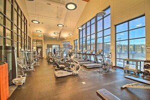 A gym with cardio machines, weightlifting equipment, and large windows. - Newly renovated, dog friendly home.  Easy checkout! (Galena)