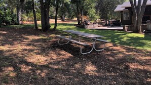 Een picknicktafel in een bebost gebied, met een vuurkorf van natuursteen en een huis op de achtergrond.