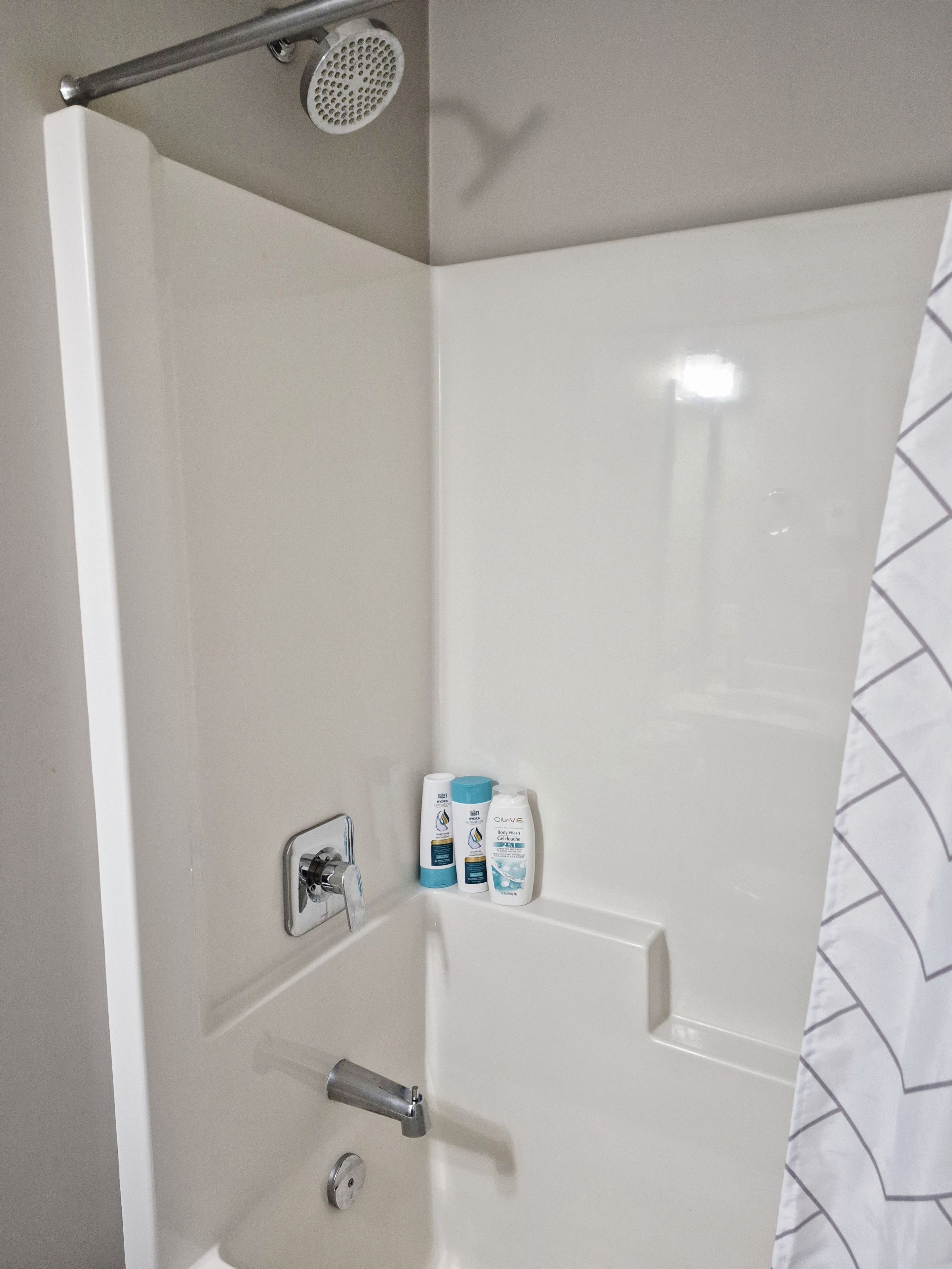 A shower area with a handheld showerhead, a wall-mounted faucet, and two bottles of body wash.