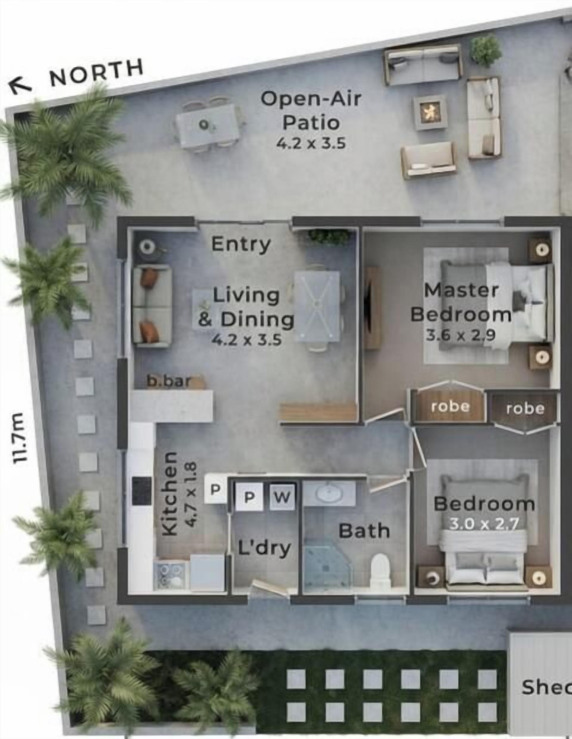 A 2-story apartment layout with an open-air patio, kitchen, living & dining area, master bedroom, and two additional bedrooms.