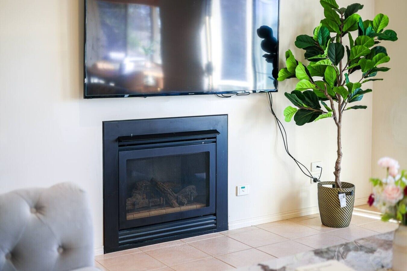 A living room with a fireplace, a television mounted above it, and a potted plant.