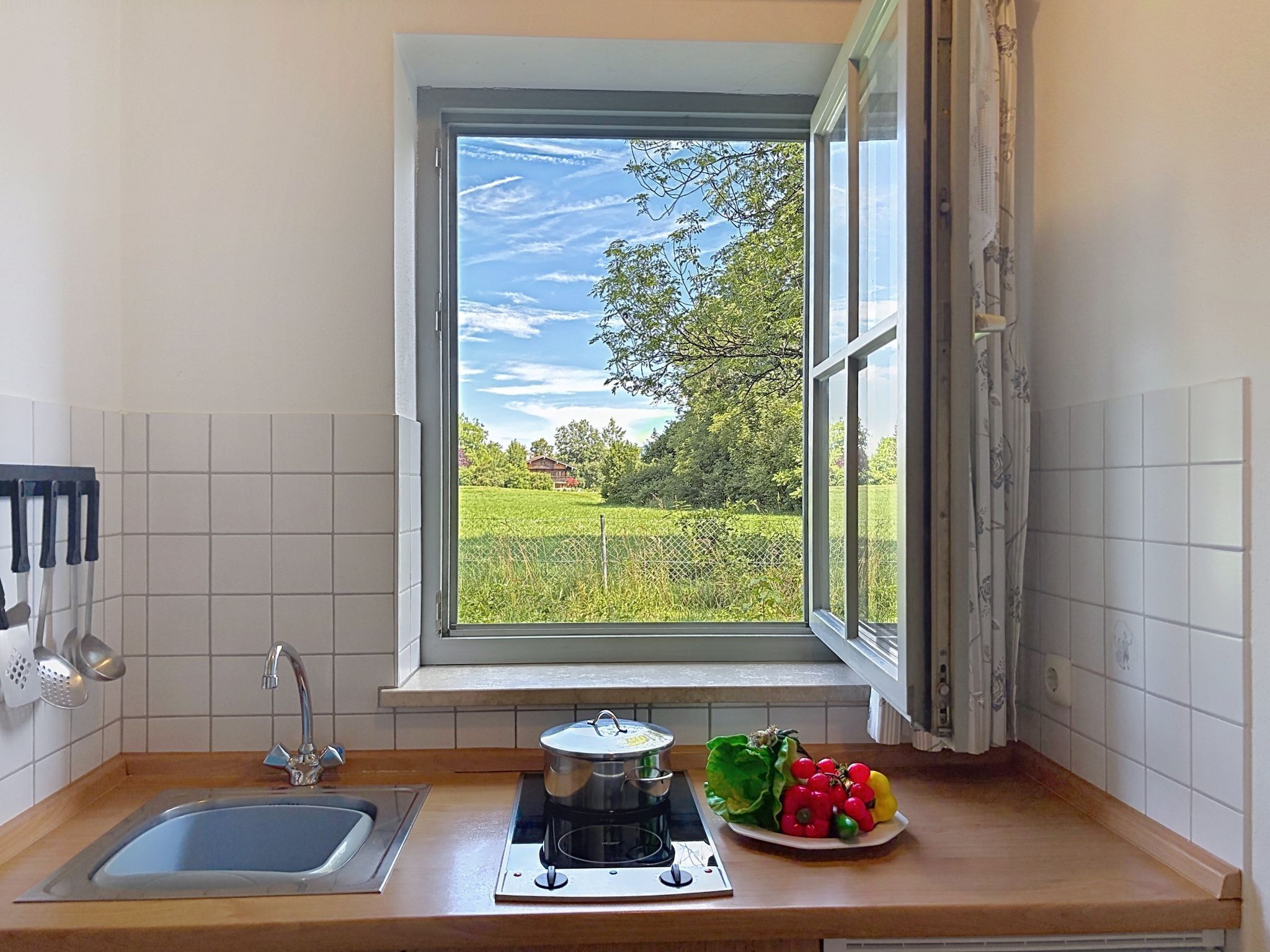 A kitchen with a window view of a green field and trees.