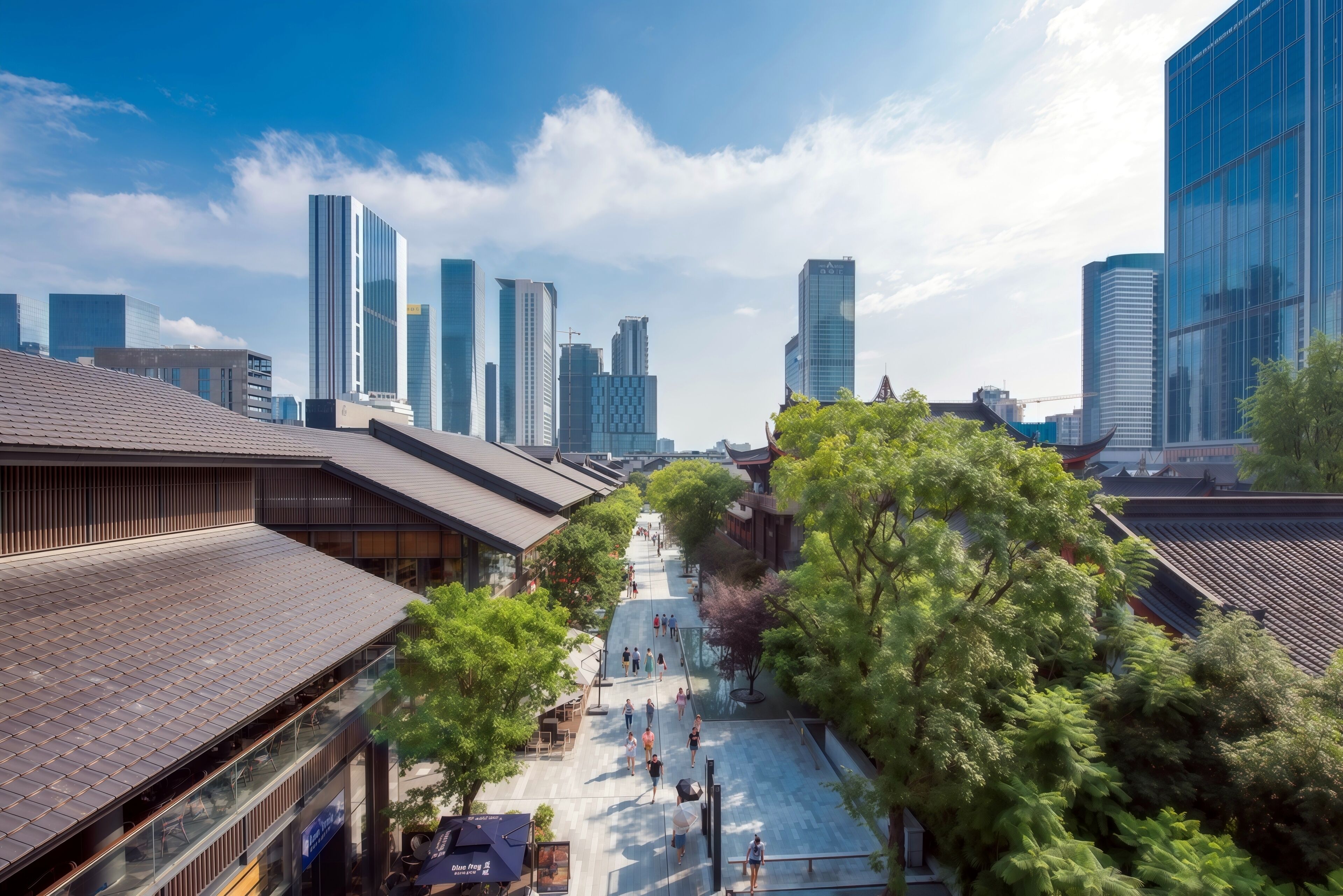 Un quartier urbain moderne qui allie une architecture traditionnelle à une promenade piétonne, avec des immeubles de grande hauteur en arrière-plan.
