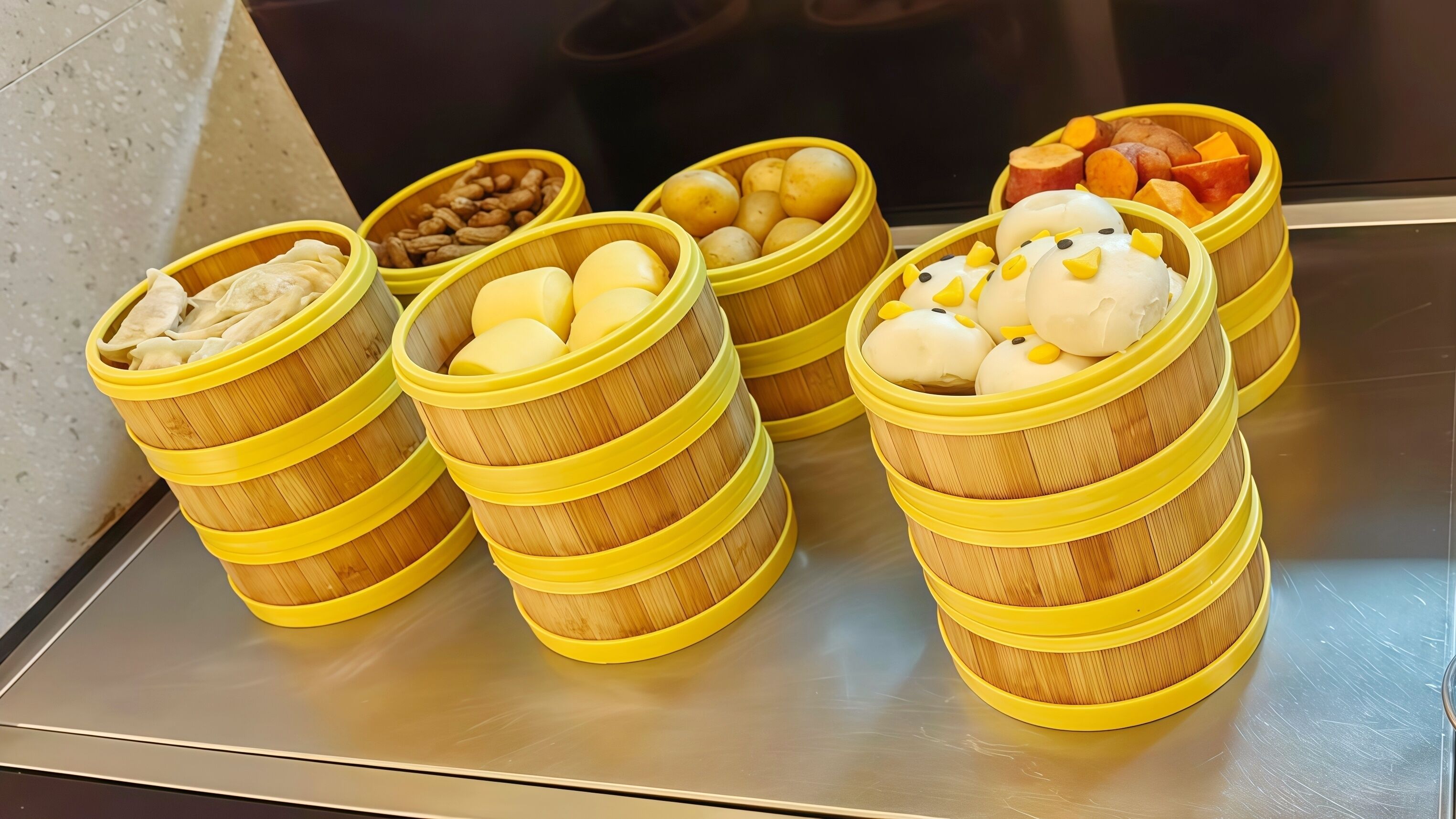 A stainless steel table with several bamboo steamers containing food items.