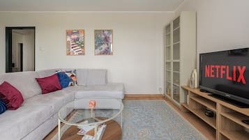 A living room with a grey sofa, a coffee table, a TV, and two framed artworks on the wall.