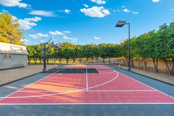 Una cancha de baloncesto al aire libre con aro, rodeada de árboles y un pequeño edificio.