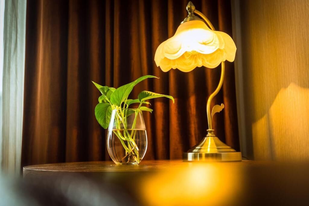 Una lámpara de mesa con pantalla floral y un florero de vidrio transparente con plantas verdes.