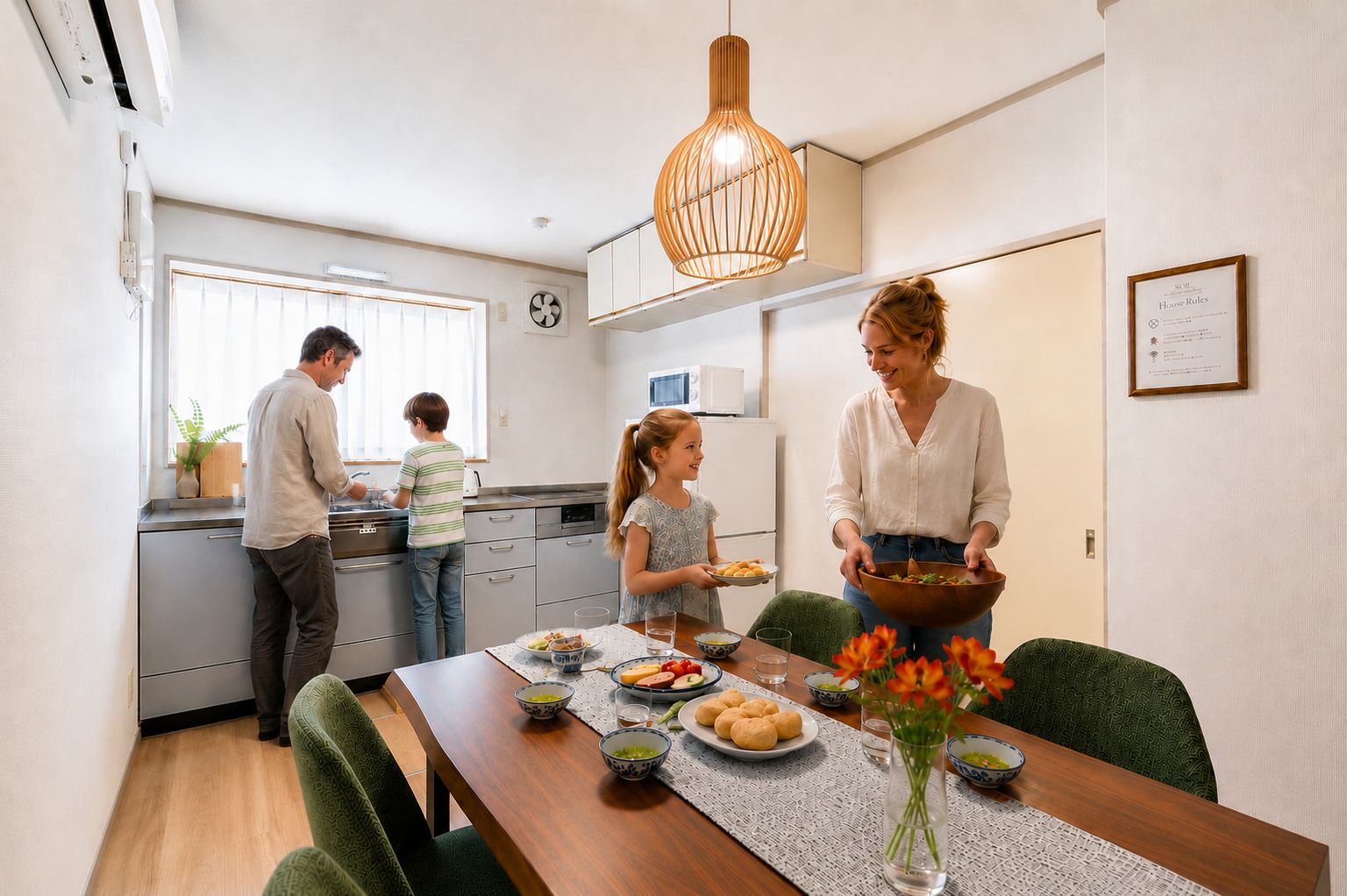 A modern kitchen with a dining area, a dining table set with plates and bowls, and a hanging light fixture.