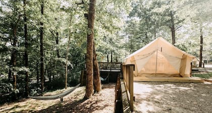 Woodland Safari Tent with Fire Pit & Hammocks in Dawsonville, Georgia