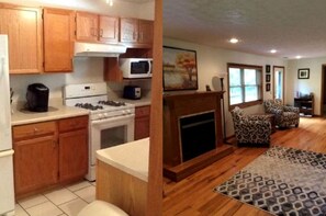 Coffee/tea maker, fridge, microwave, oven