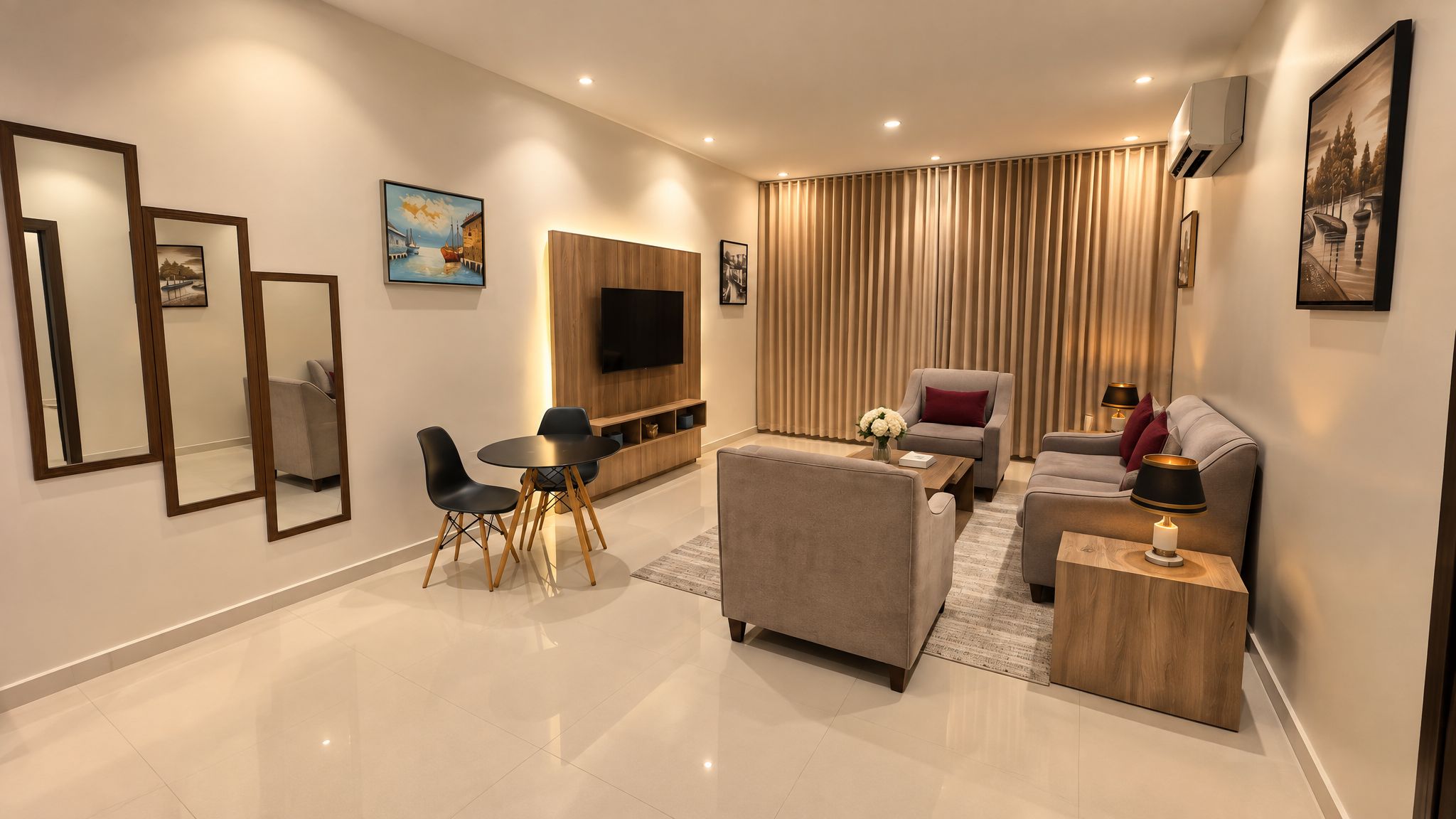 Een moderne woonkamer met een flatscreen televisie, een bank, een salontafel en een eethoek met stoelen.