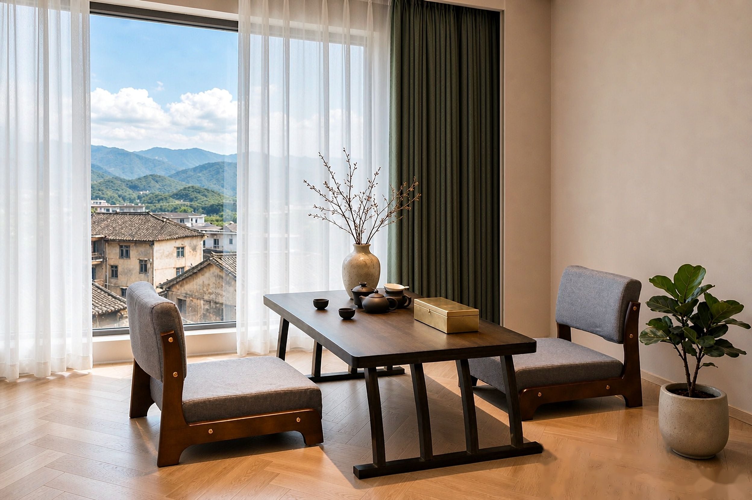 Una habitación con una mesa de madera, dos sillas, un florero con ramas, una planta en maceta y vistas a las montañas a través de una ventana.