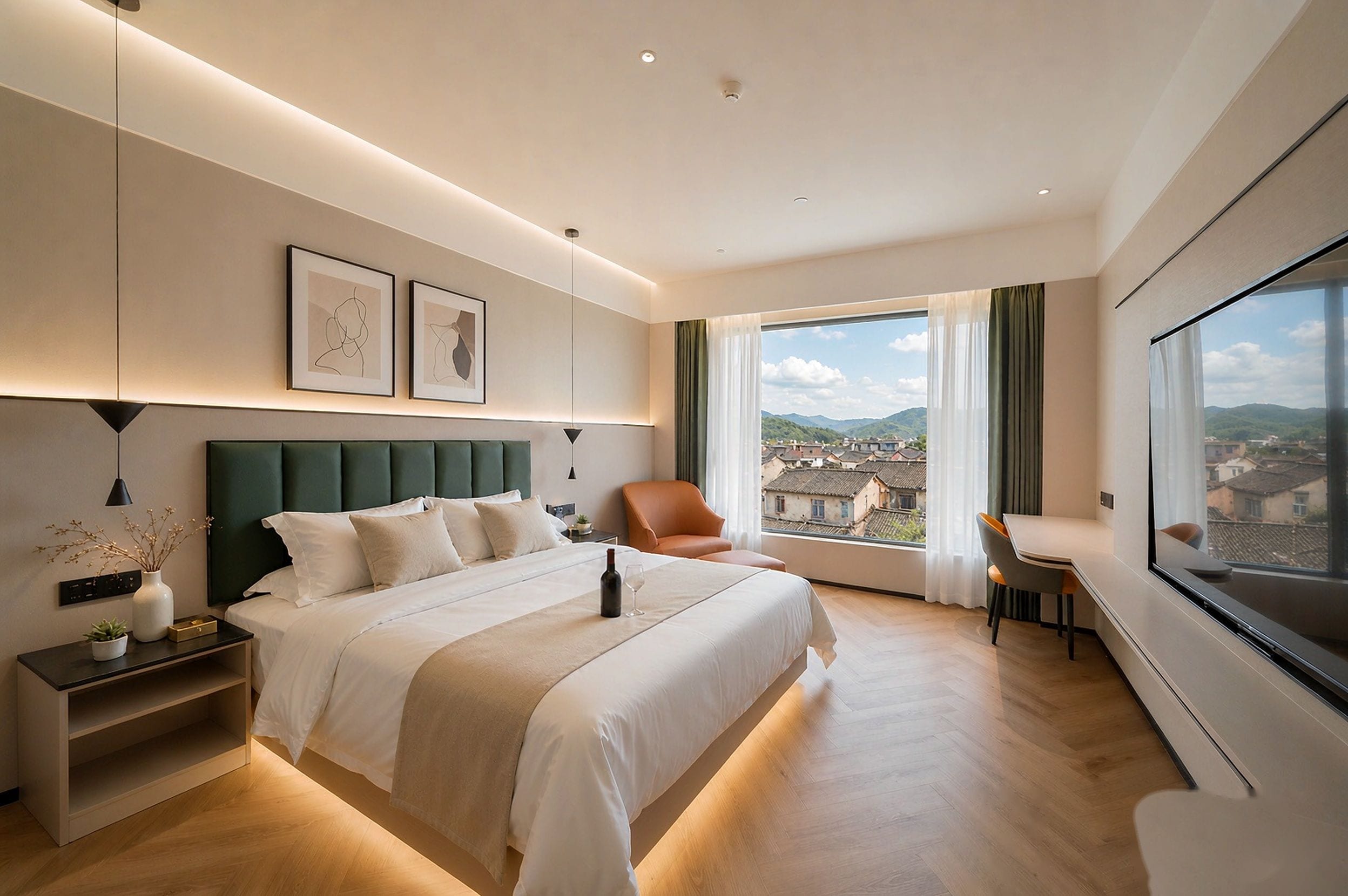 A modern hotel room with a large bed, a seating area, and a view of the city.
