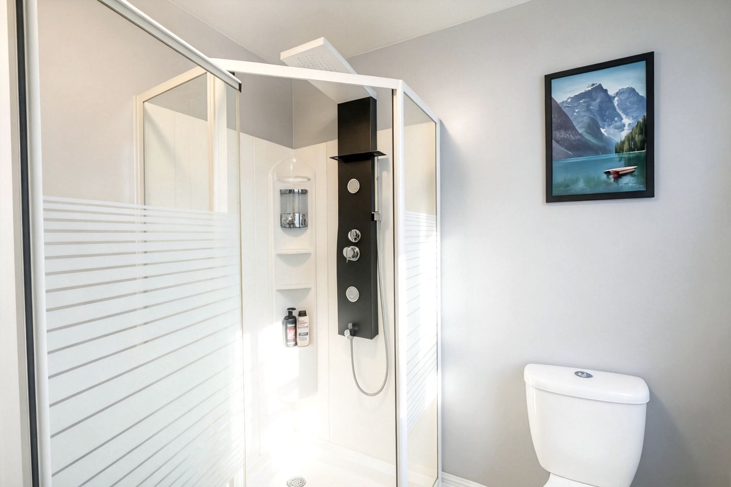 Hair dryer, towels, soap, shampoo
