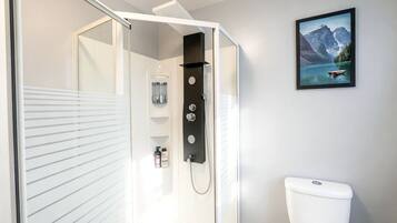 Hair dryer, towels, soap, shampoo