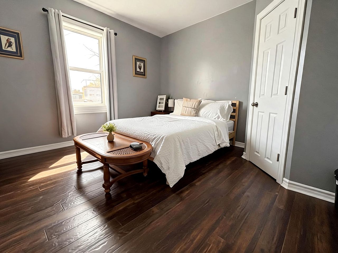 Un dormitorio con cama, mesita de noche, ventana con cortinas y puerta.