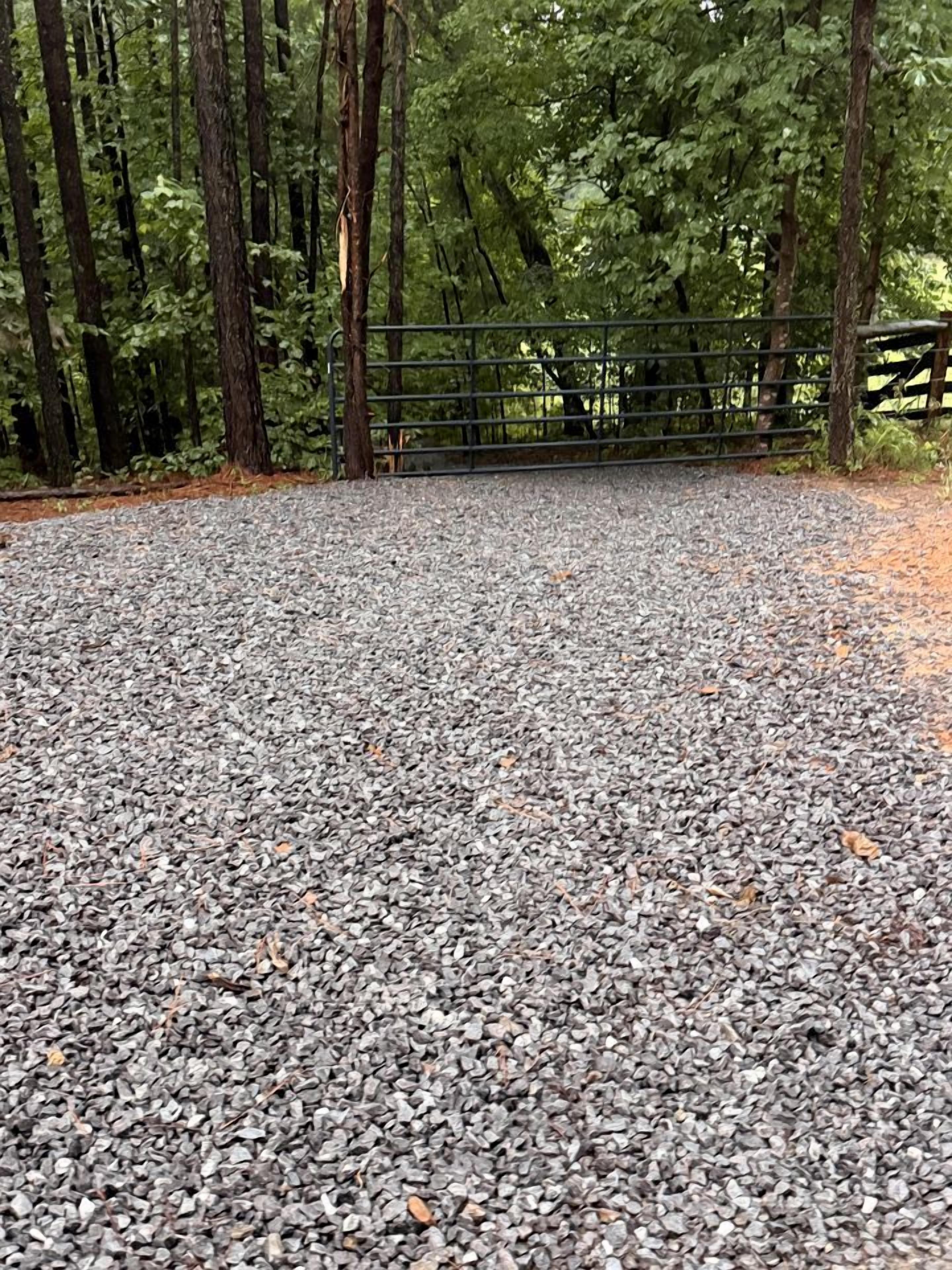 A gravel path leading to a metal gate surrounded by trees.