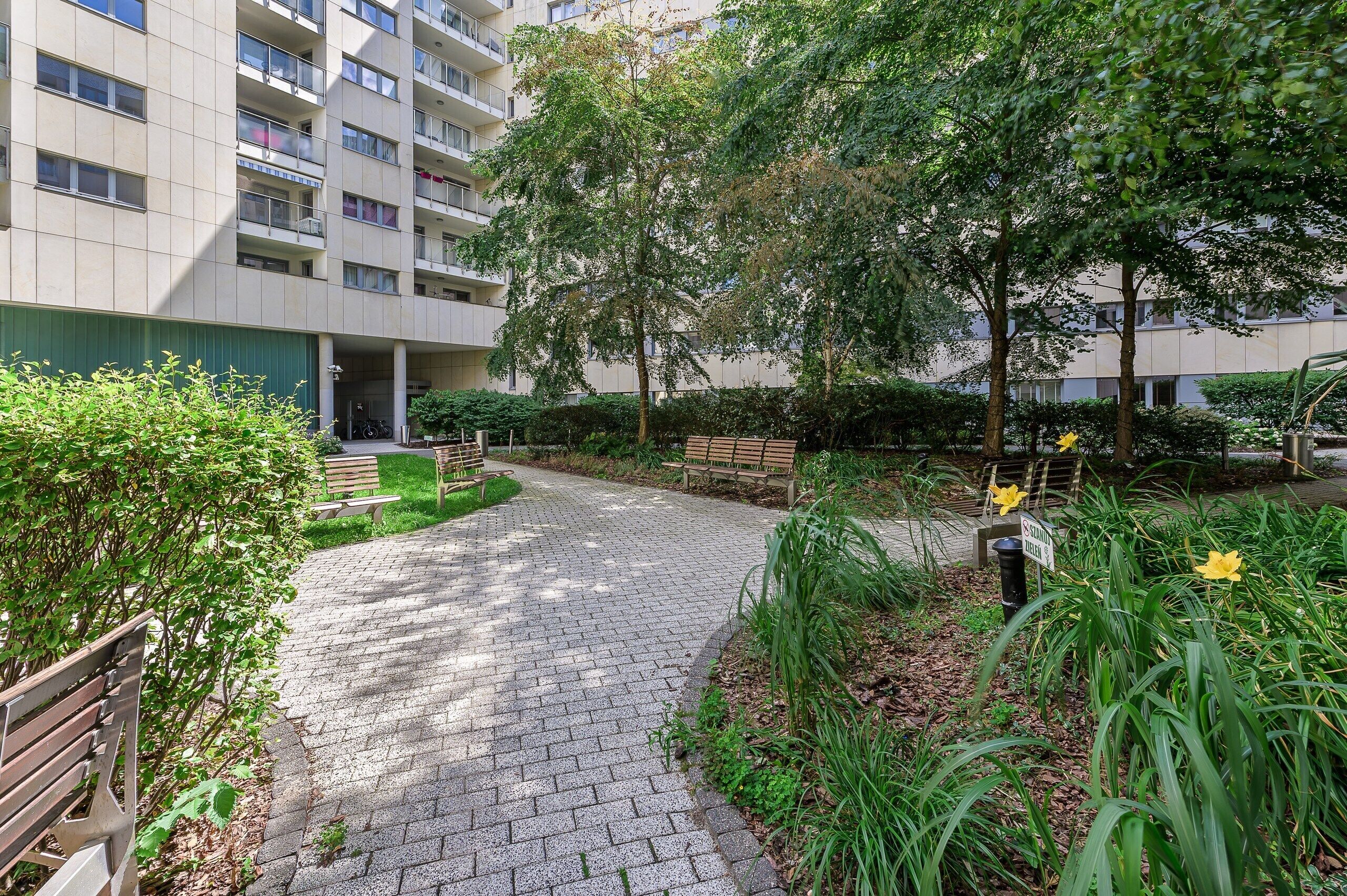 A paved pathway leading to a building entrance with a green lawn and benches.