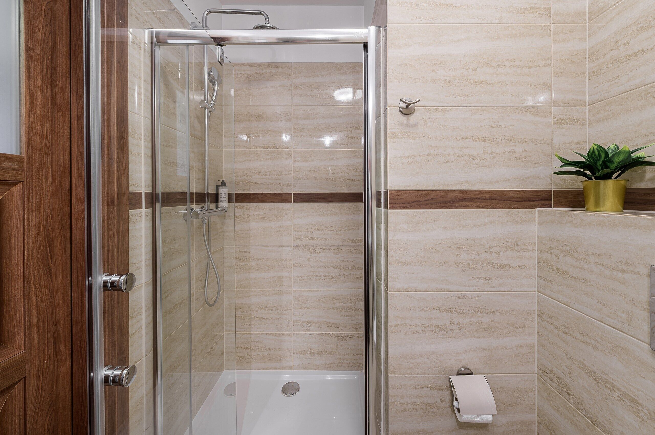 A glass-enclosed shower stall with a handheld showerhead, a towel rack, and a toilet paper holder on the wall.