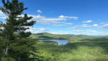 A natural landscape with a lake, forest, and hills.
