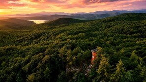 Un paysage boisé avec une structure en forme de tour, au milieu d’une végétation luxuriante.