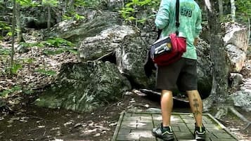 A person standing on a stone platform in a forested area with trees and rocks.
