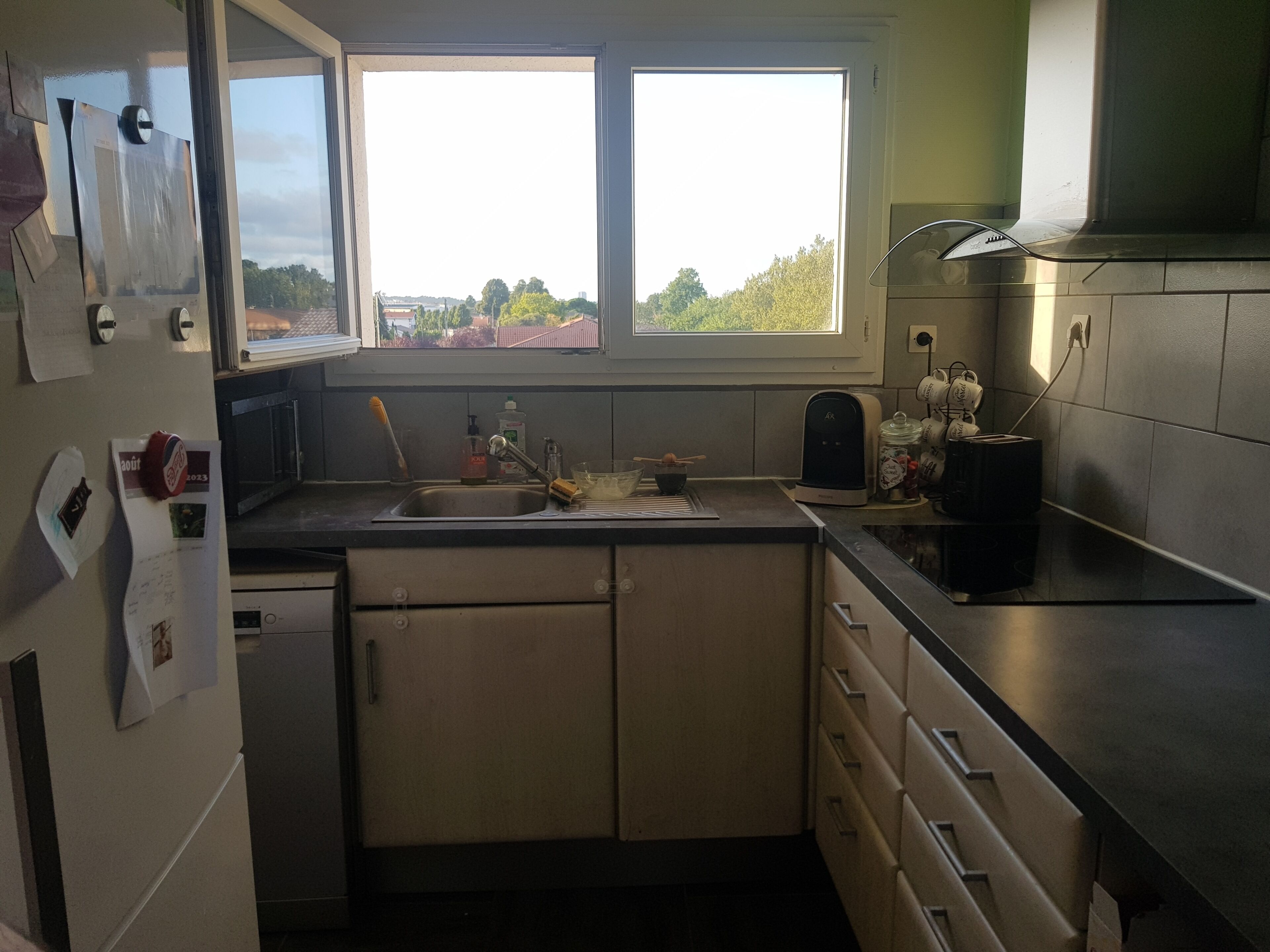 Una cocina con ventana, un lavamanos, armarios y un refrigerador.