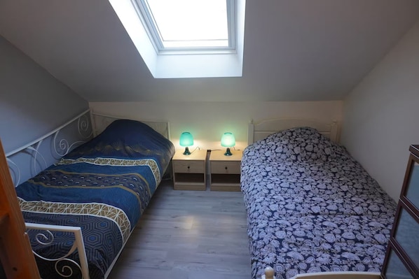 A bedroom with two beds, a skylight, and bedside lamps.
