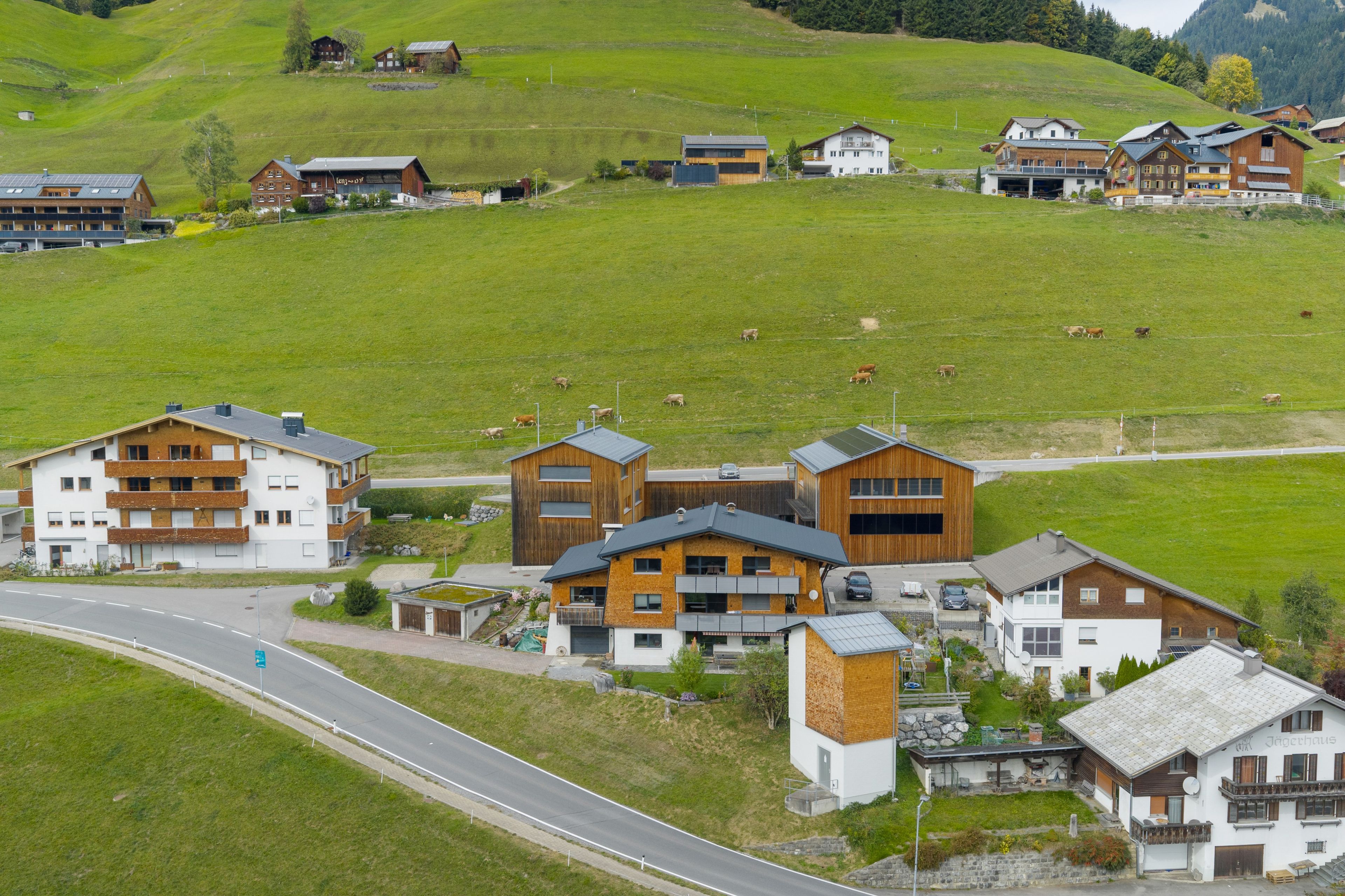 Un pueblo rural con casas de madera tradicionales, una carretera y ganado pastando.