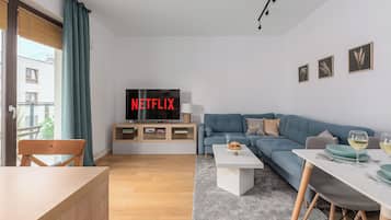 Apartamento superior, 2 quartos, vista para a cidade | Área de estar | TV 30 polegadas com canais via satélite, Netflix, serviços de streaming