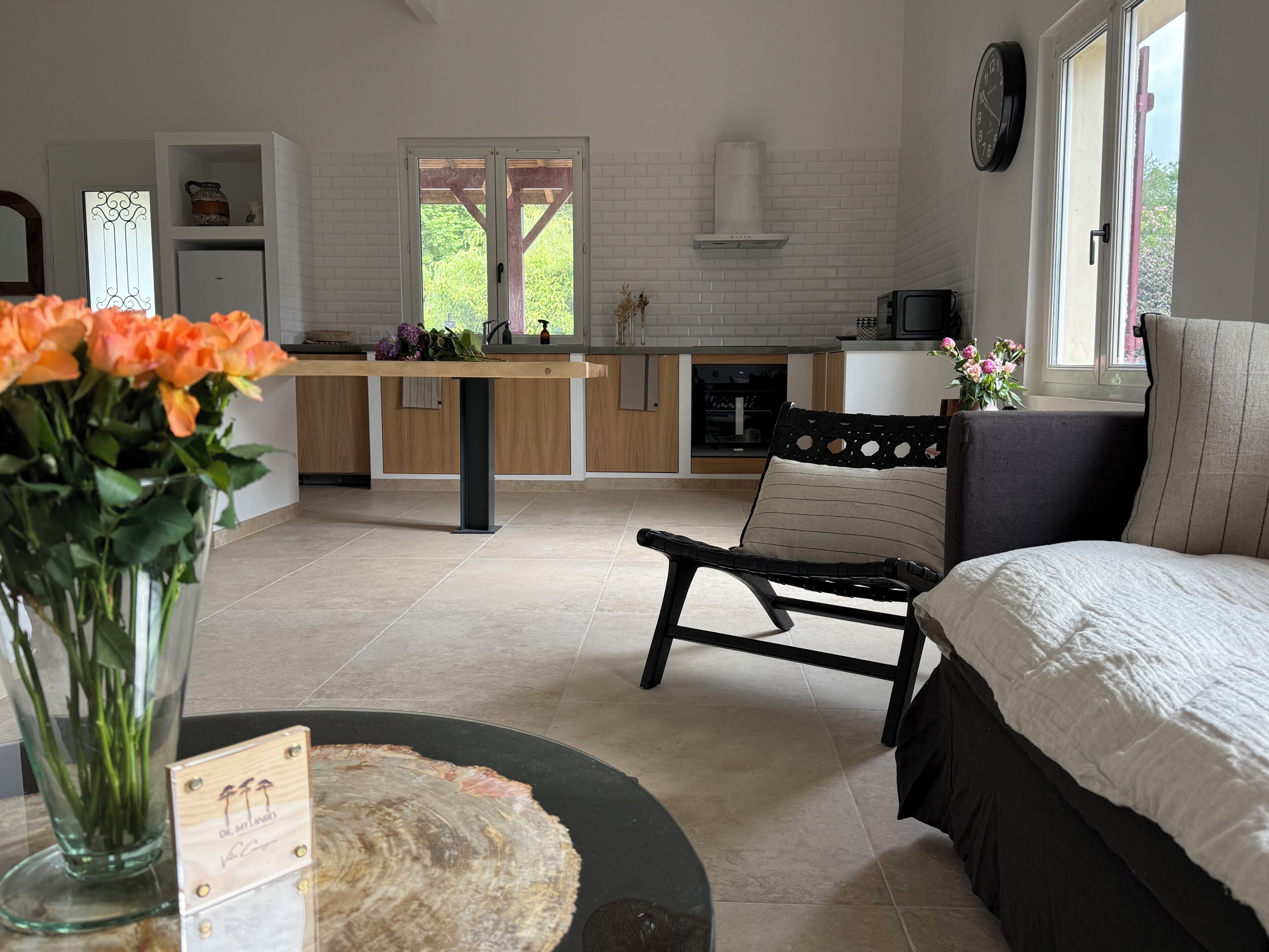 A modern kitchen with a dining area, a sofa, and a bed.