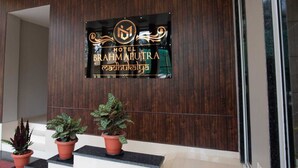 Segnaletica di un hotel con il nome 'Hotel Brahmaputra' e un logo. Tre piante in vaso su un davanzale di fronte al cartello.
