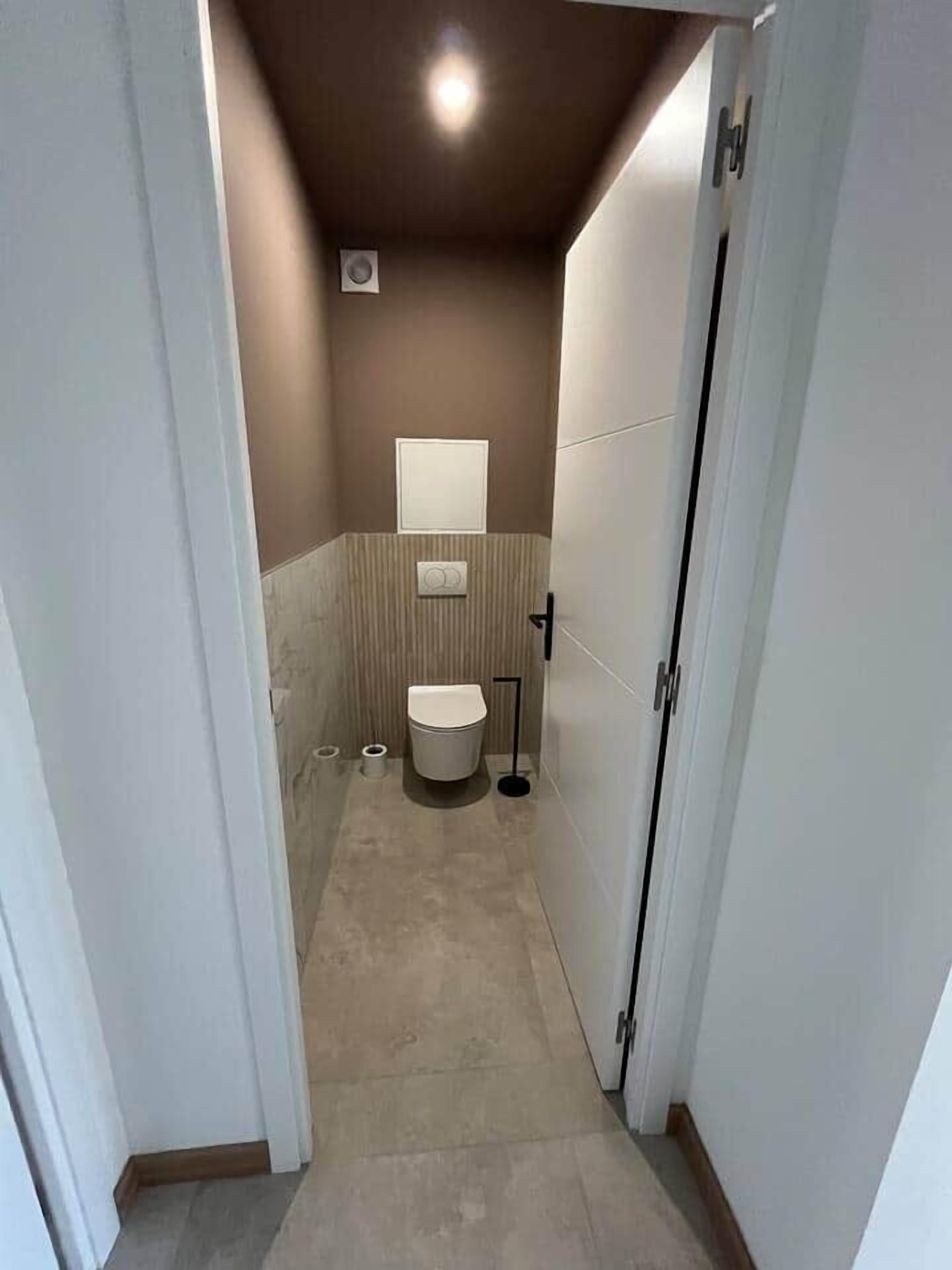 A narrow hallway leading to a bathroom with a toilet, a mirror, and a light fixture.