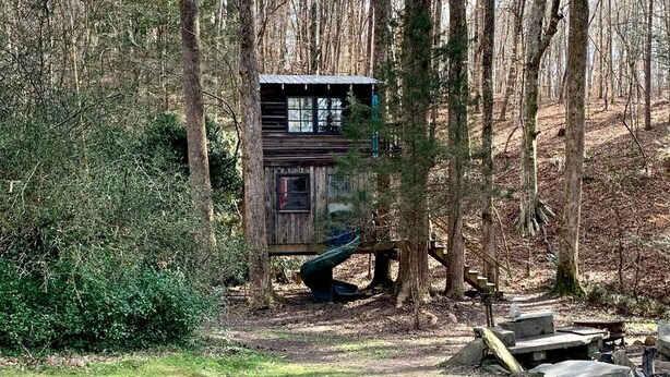 A rustic cabin with a slide, surrounded by trees and a grassy area.